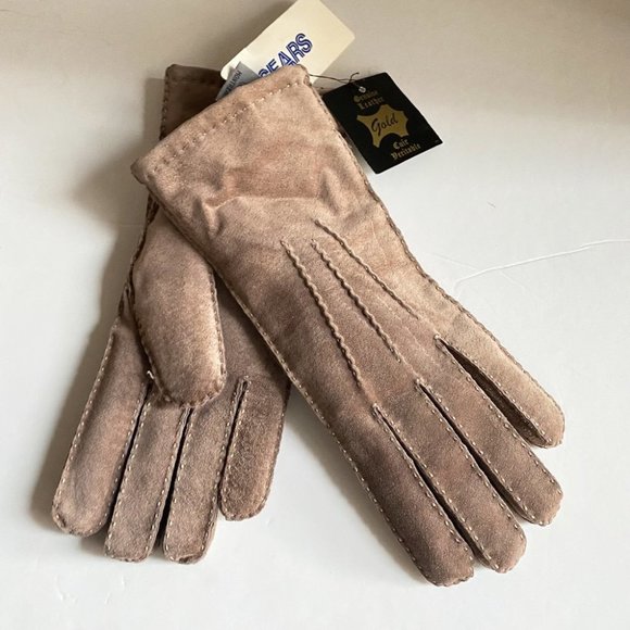 Gold Accessories - Vintage Deadstock NWT Mushroom Beige Whipstitch Detail Suede Gloves M/L